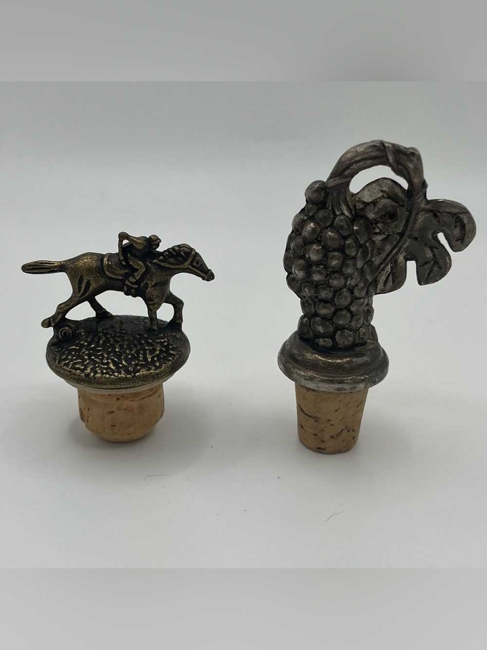 Vintage Silver Tone & Brass Toned Metal Bottle Stoppers - Set of 2, Jockey Grape